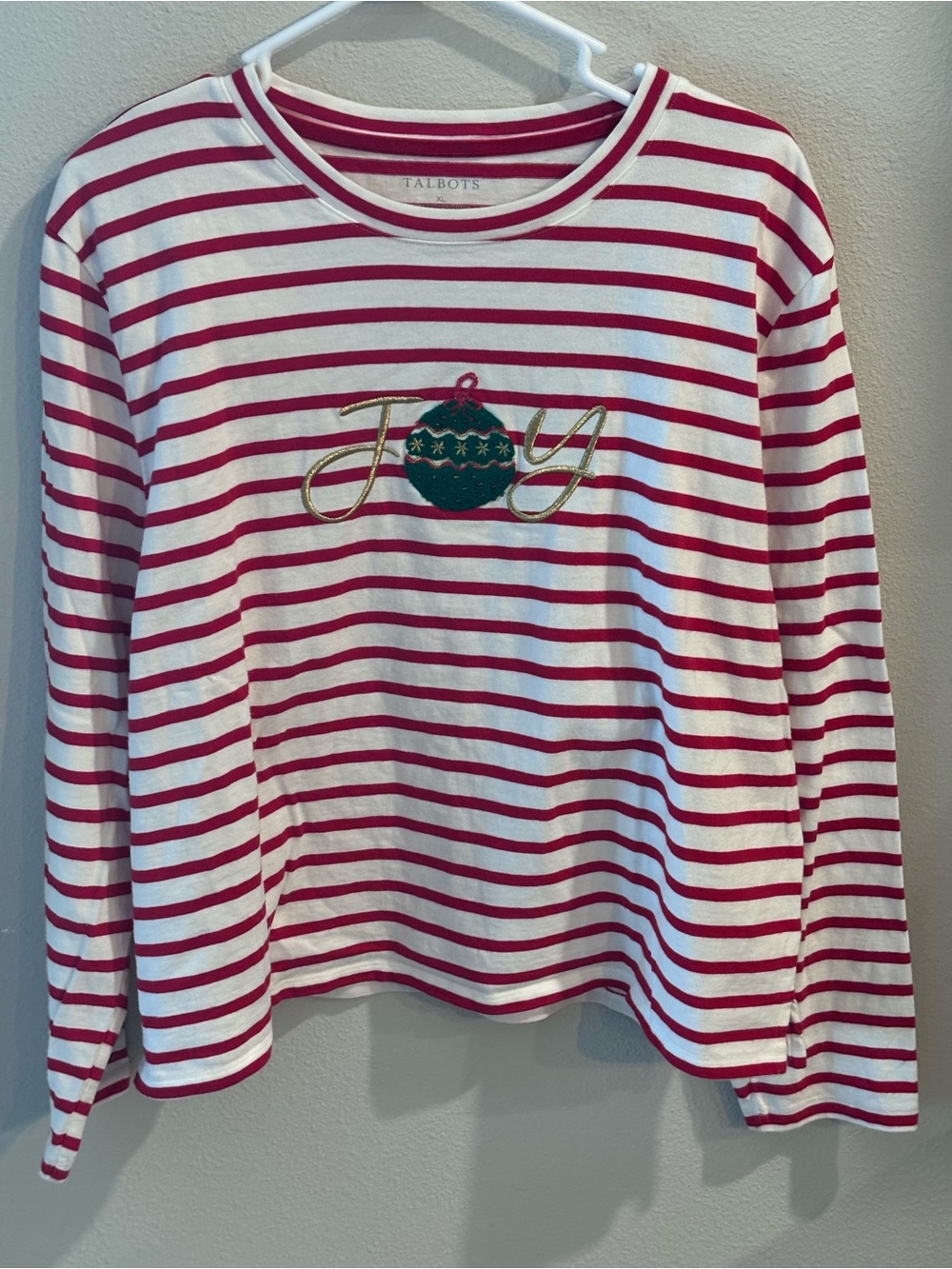 Talbots Red & White Striped Long-Sleeve Top with Green Ornament and Gold 'Joy'